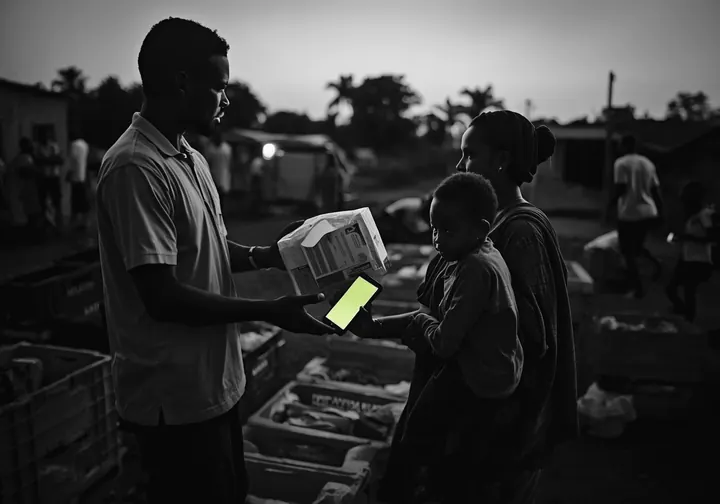 An aid worker hands a food parcel to a mother holding her child