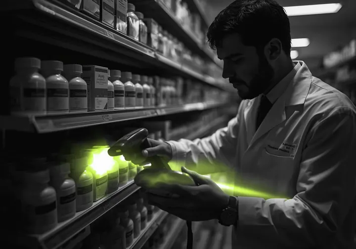 A pharmacist scans a medicine box
